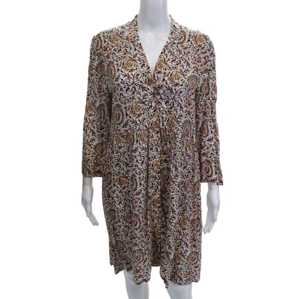 Souleiado Women Shirt Dress Beige Floral Viscose 3/4 Sleeve Size 38
